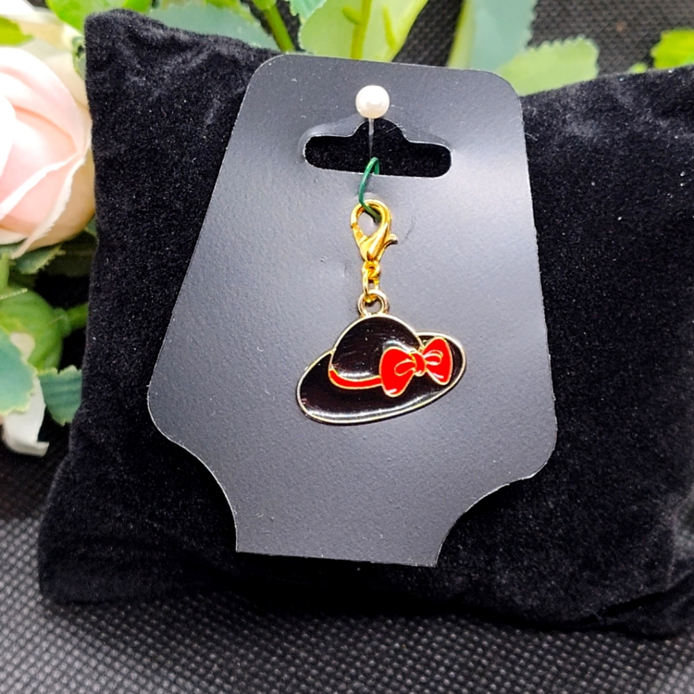 Ladies Black Hat with Red Ribbon Charm with gold tone Lobster Clasp new